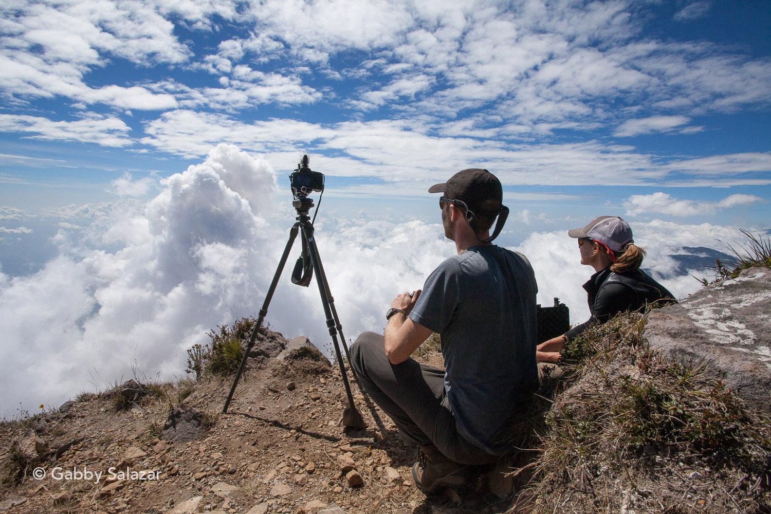 Ross and Stephanie watching an eruption plume rise through the clouds from the active Caliente Dome.